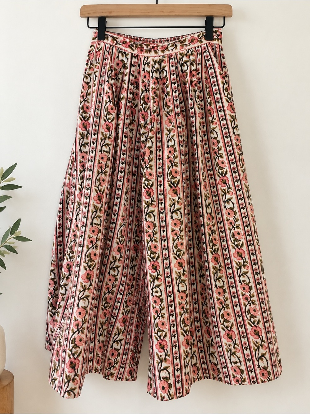 ANOKHI Floral Block Print Wide Leg Cotton Pants